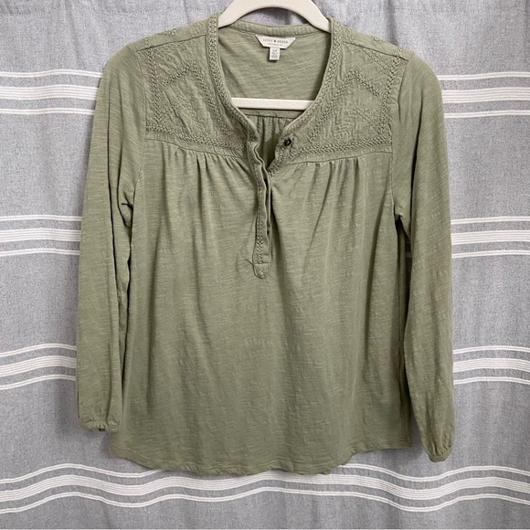 LUCKY BRAND / Green Pop 3/4 Sleeve Embroidered Cotton Top Size S - Picture 1 of 10